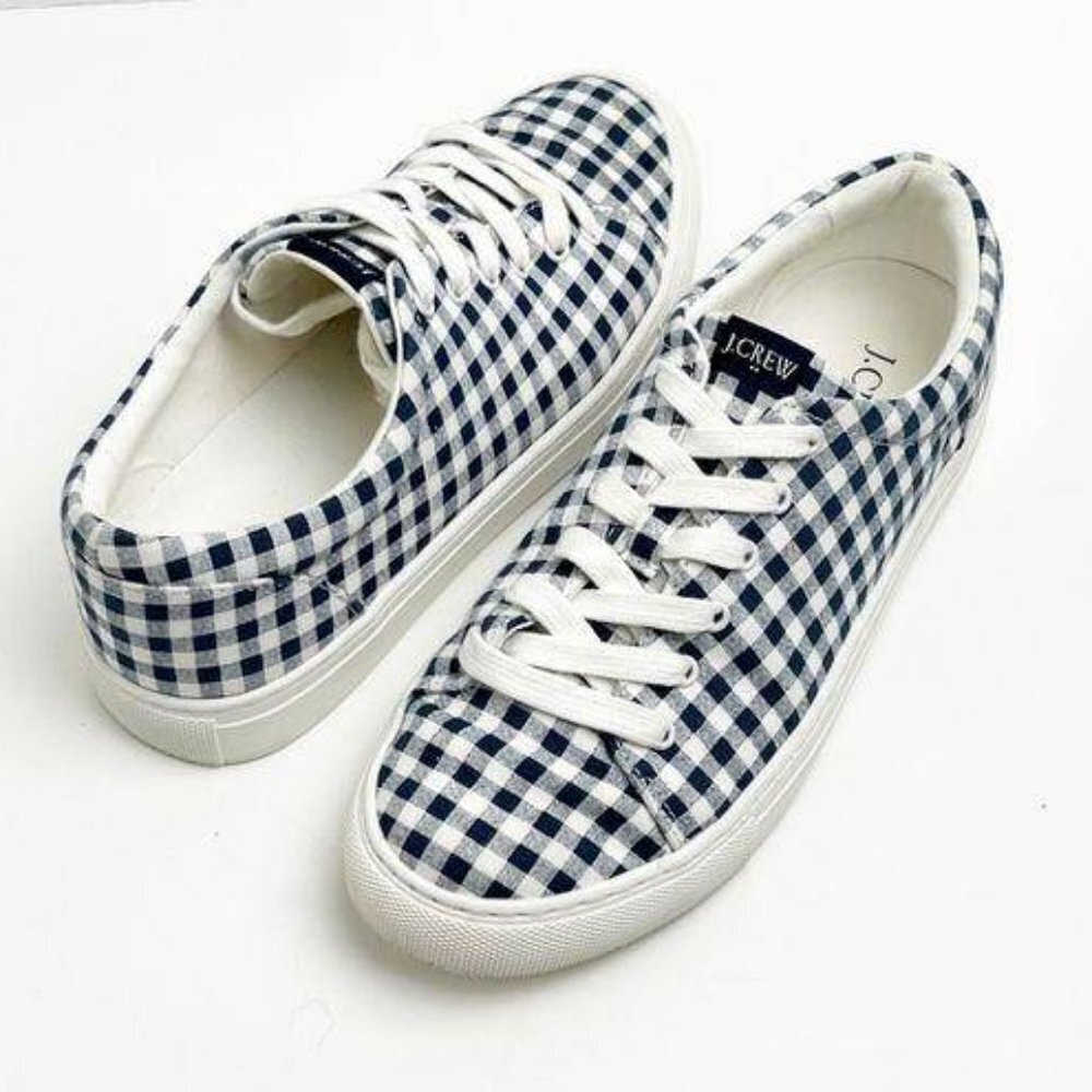 J. Crew Factory Navy Blue Gingham Printed Road Trip Sneakers NEW! - Picture 2 of 8